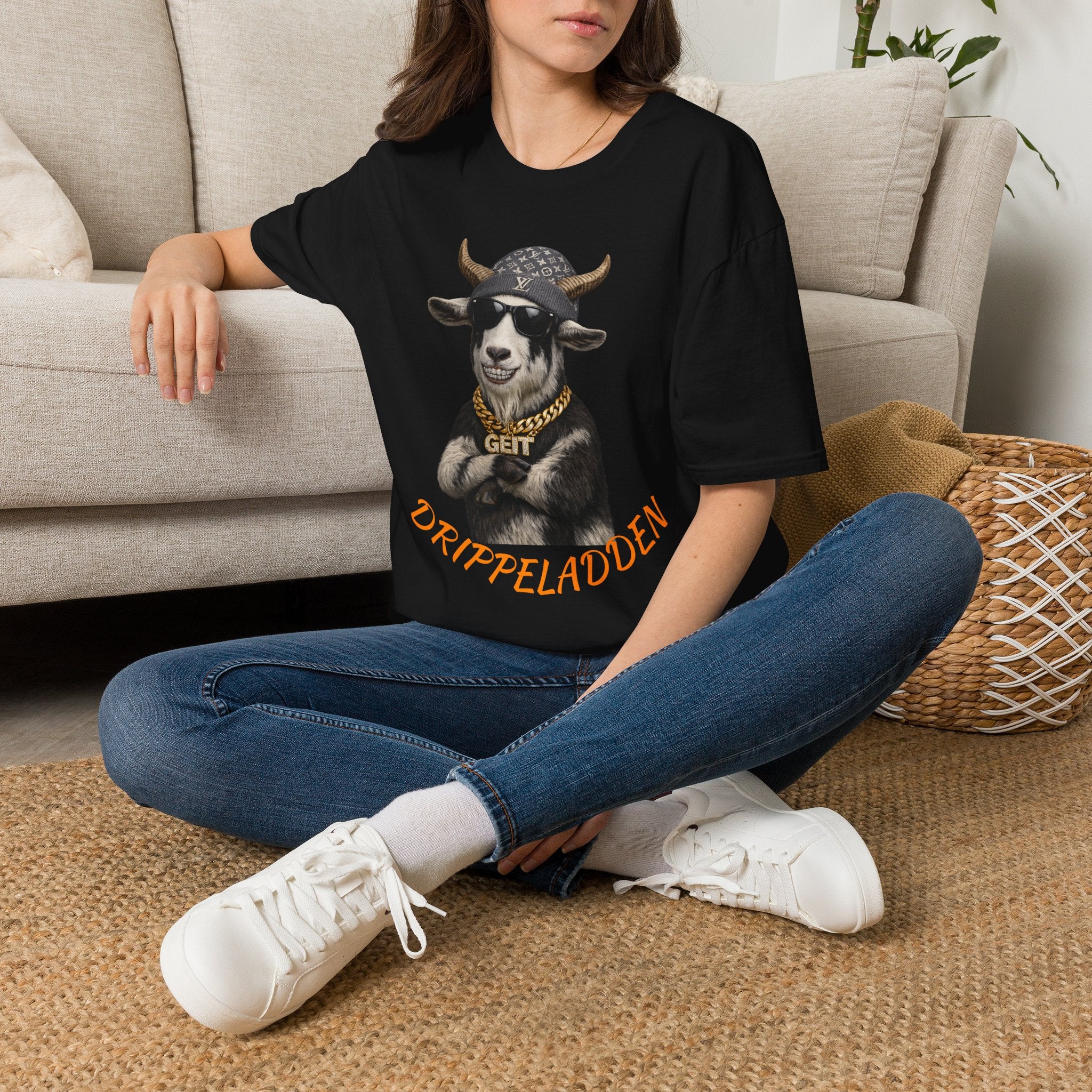 Goat Graphic Tee — Cool Goat with Shades & Gold Chain ("Ziripfelkauden" Design)